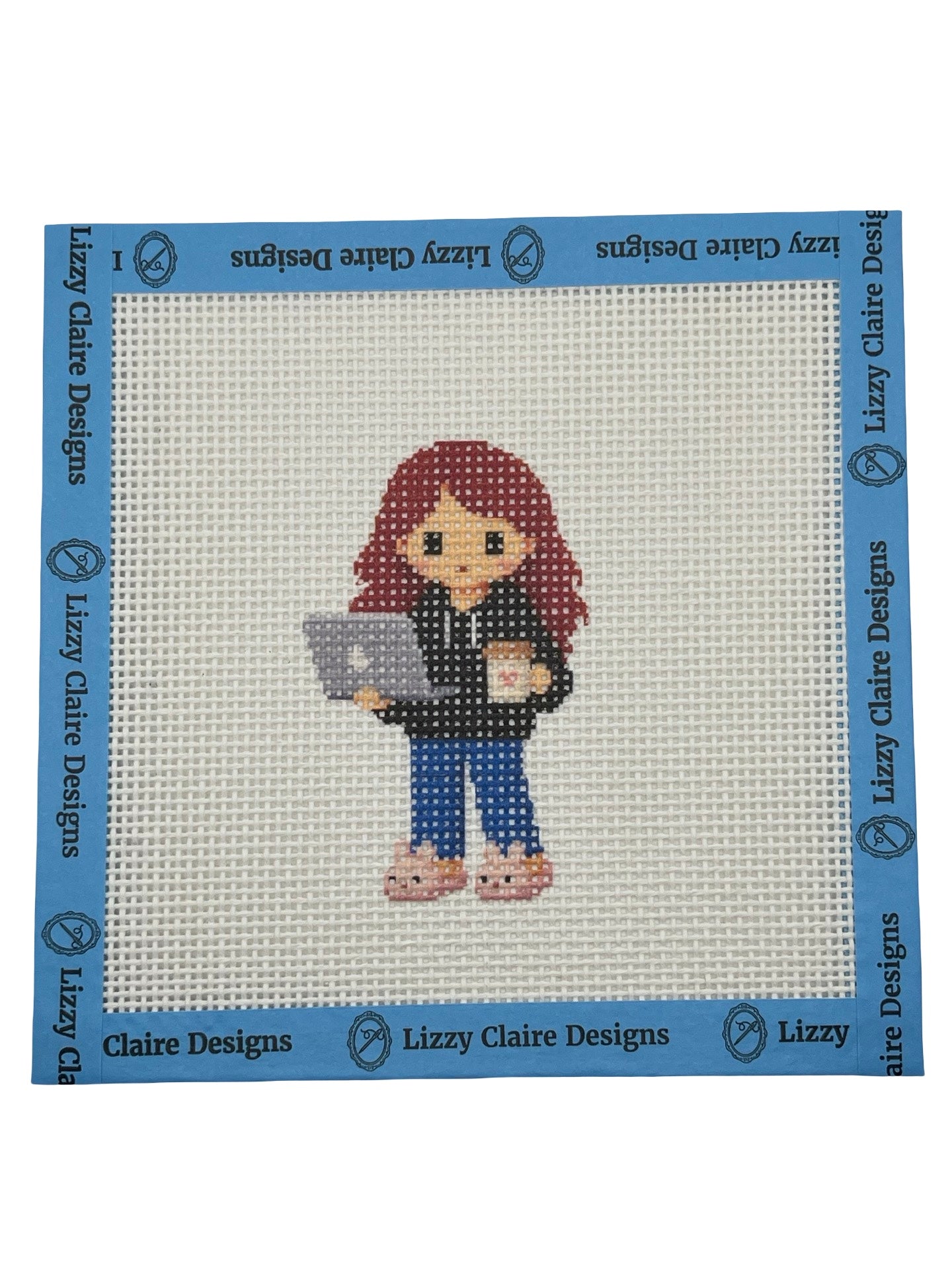 Lizzy Claire with Laptop & Slippers - 13 mesh - 6 x 6 - Needlepoint Canvas