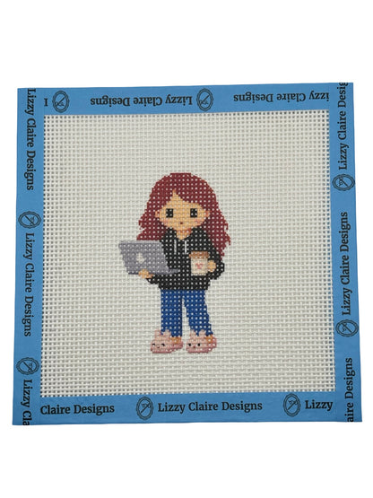 Lizzy Claire with Laptop & Slippers - 13 mesh - 6 x 6 - Needlepoint Canvas