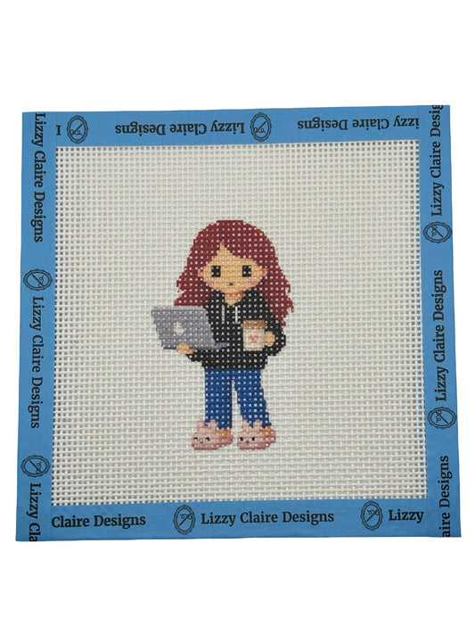 Lizzy Claire with Laptop & Slippers - 13 mesh - 6 x 6 - Needlepoint Canvas