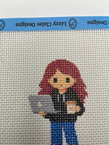 Lizzy Claire with Laptop & Slippers - 13 mesh - 6 x 6 - Needlepoint Canvas