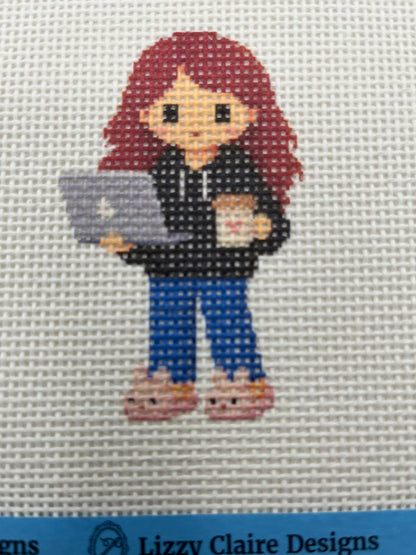 Lizzy Claire with Laptop & Slippers - 13 mesh - 6 x 6 - Needlepoint Canvas