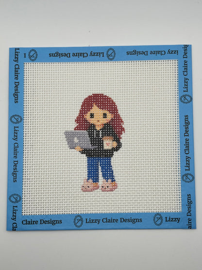 Lizzy Claire with Laptop & Slippers - 13 mesh - 6 x 6 - Needlepoint Canvas