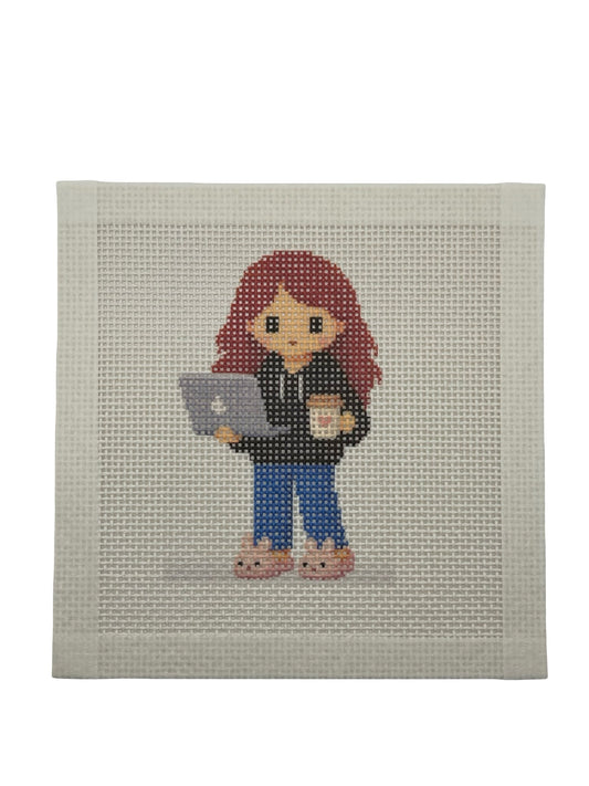 Lizzy Claire with Laptop & Slippers - 13 mesh - 6 x 6 - Needlepoint Canvas