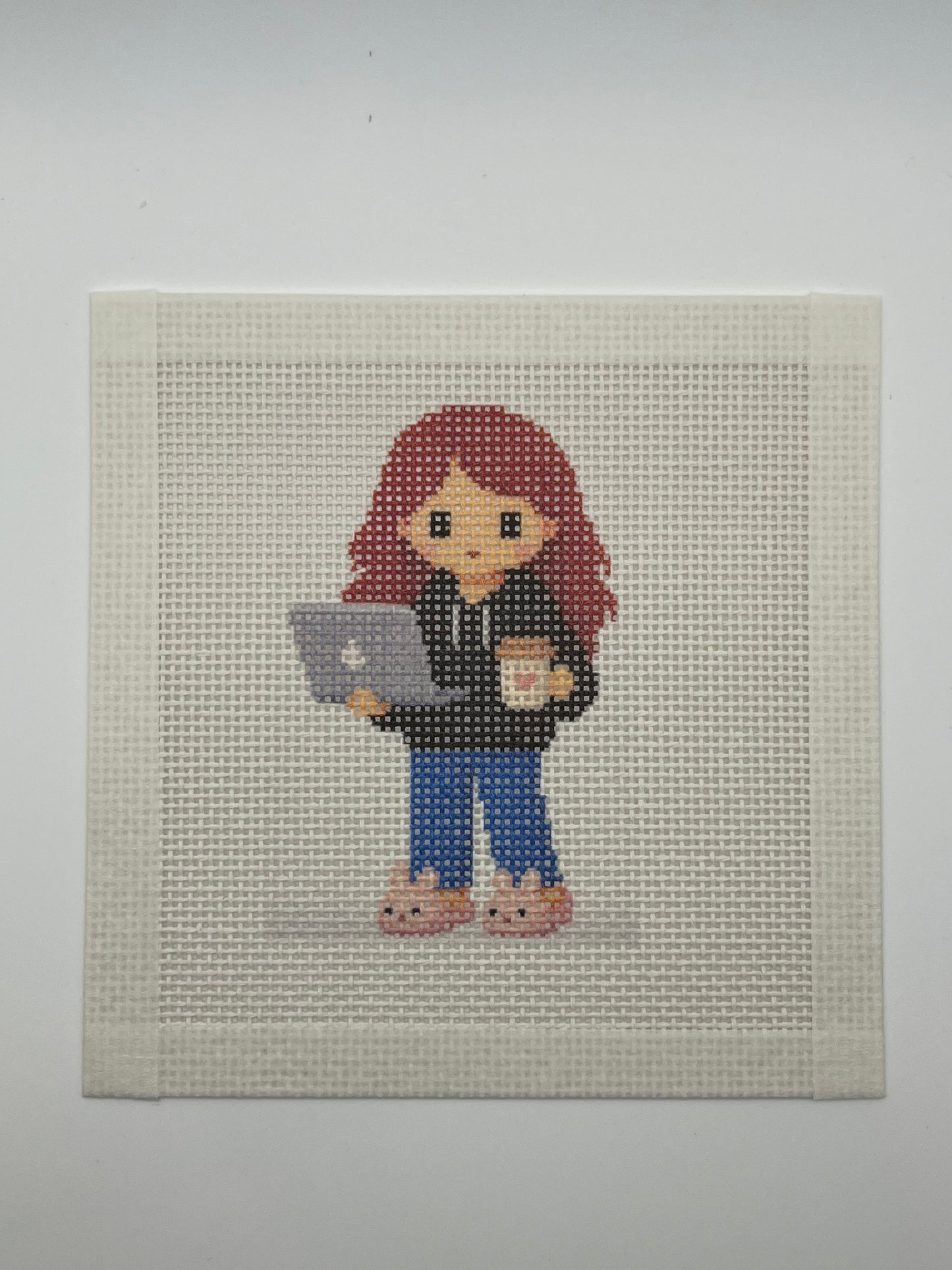 Lizzy Claire with Laptop & Slippers - 13 mesh - 6 x 6 - Needlepoint Canvas