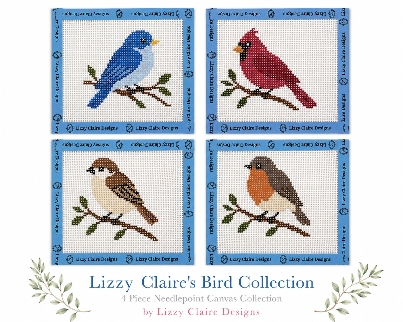Lizzy Claire's Bird Collection - 13 mesh - 7 x 7 - 4 canvas set - Needlepoint Canvas
