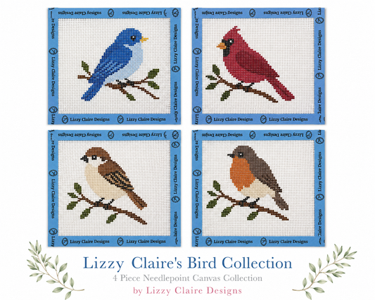 Lizzy Claire's Bird Collection - 13 mesh - 7 x 7 - 4 canvas set - Needlepoint Canvas