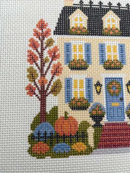 Lizzy Claire's Happy Neighborhood Trick or Treat Townhouse (Blue Shutters)- 13 mesh - 10 x 10 - Needlepoint Canvas
