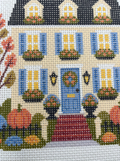 Lizzy Claire's Happy Neighborhood Trick or Treat Townhouse (Blue Shutters)- 13 mesh - 10 x 10 - Needlepoint Canvas