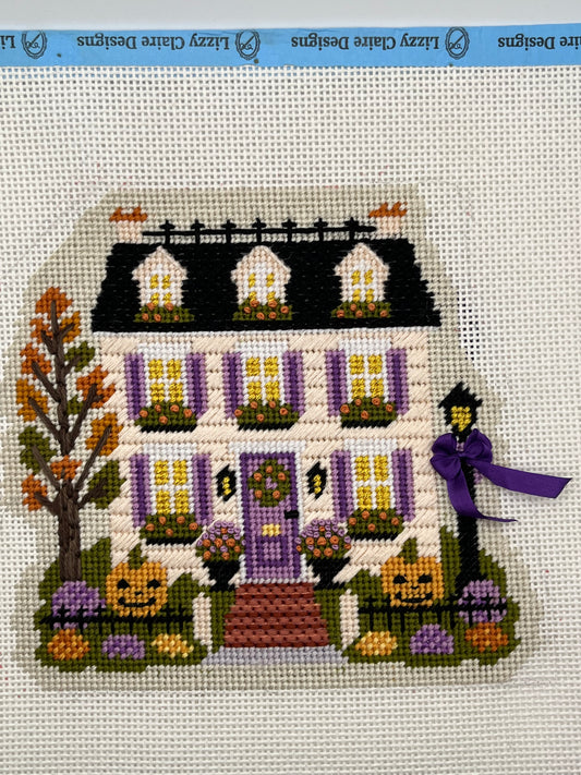 Lizzy Claire's Happy Neighborhood Trick or Treat Townhouse (Purple Shutters)- 13 mesh - 10 x 10 - Needlepoint Canvas