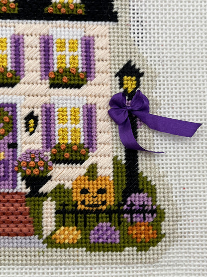 Lizzy Claire's Happy Neighborhood Trick or Treat Townhouse (Purple Shutters)- 13 mesh - 10 x 10 - Needlepoint Canvas