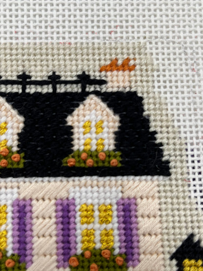 Lizzy Claire's Happy Neighborhood Trick or Treat Townhouse (Purple Shutters)- 13 mesh - 10 x 10 - Needlepoint Canvas