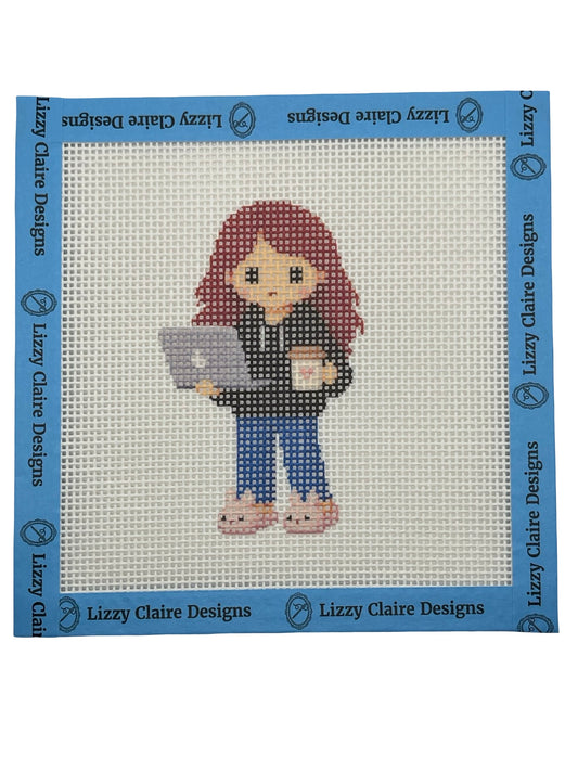 Lizzy Claire with Laptop & Slippers - 13 mesh - 6 x 6 - Needlepoint Canvas