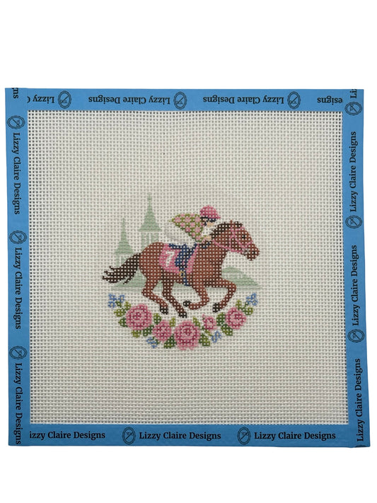 Lucky Lizzy Horse with Jockey - 13 mesh - 4 inch Round - 8 x 8 - Needlepoint Canvas
