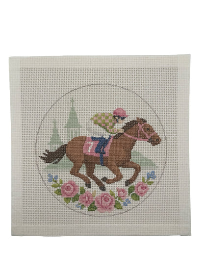 Lucky Lizzy Horse with Jockey - 13 mesh - 6 inch Round - 8 x 8 - Needlepoint Canvas