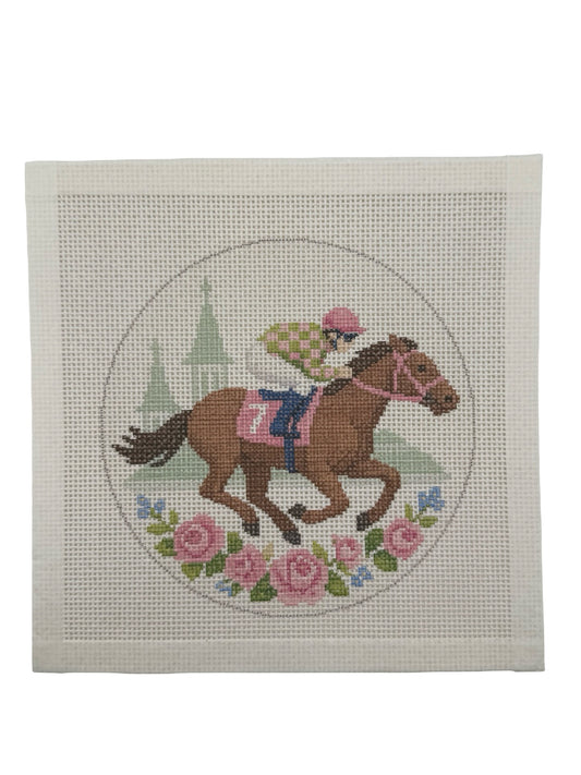 Lucky Lizzy Horse with Jockey - 13 mesh - 6 inch Round - 8 x 8 - Needlepoint Canvas