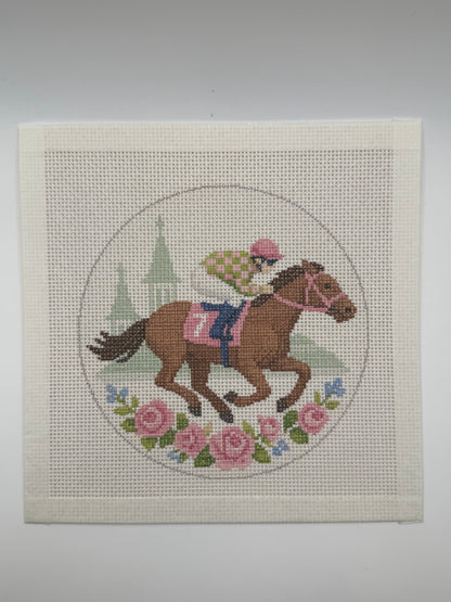 Lucky Lizzy Horse with Jockey - 13 mesh - 6 inch Round - 8 x 8 - Needlepoint Canvas