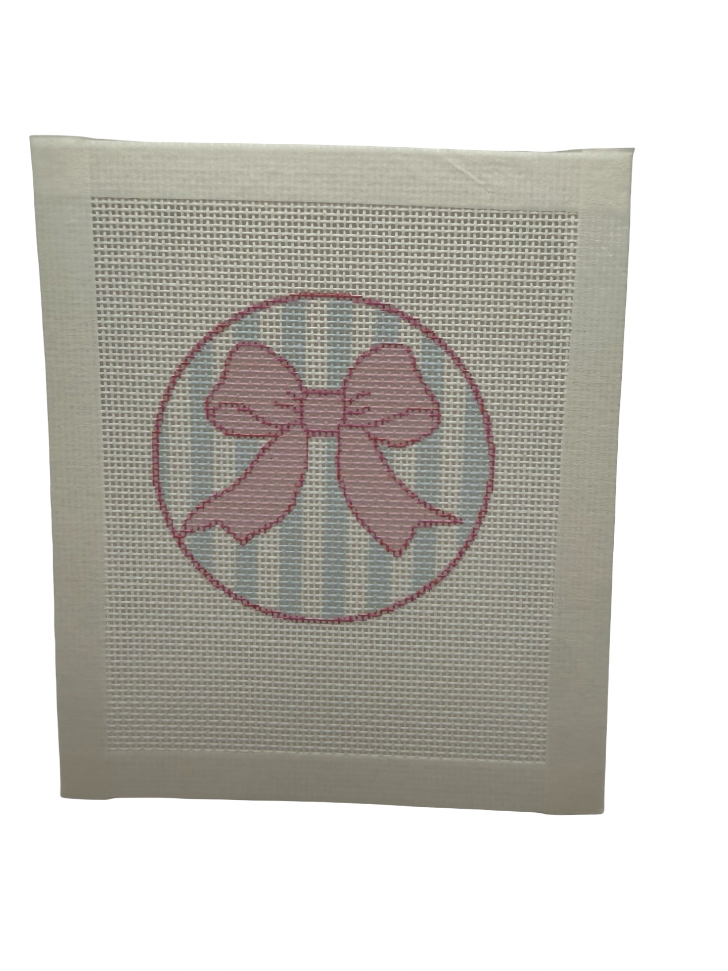 Pink Bow on Light Blue Striped Background - 18 mesh - 6 x 6 - Needlepoint Canvas