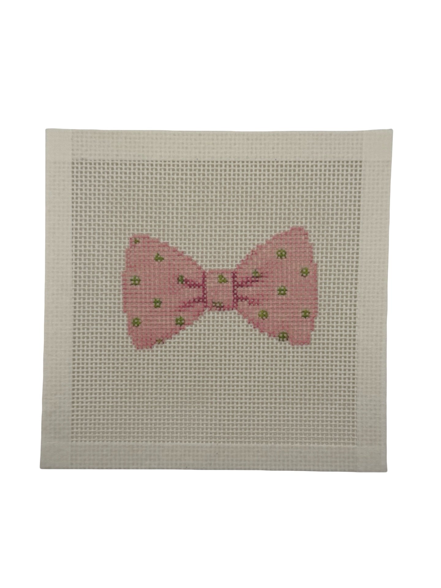 Pink Bowtie with Green Dots - 13 mesh - 6 x 6 - Needlepoint Canvas