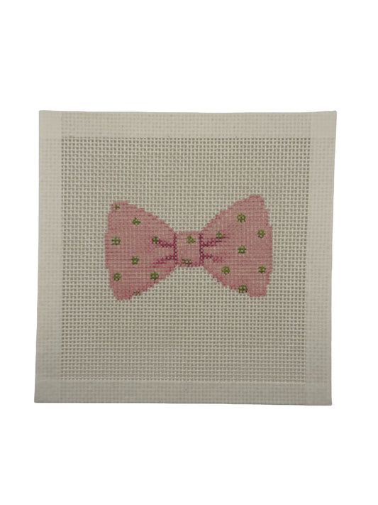 Pink Bowtie with Green Dots - 13 mesh - 6 x 6 - Needlepoint Canvas