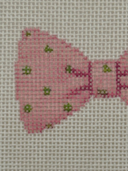 Pink Bowtie with Green Dots - 13 mesh - 6 x 6 - Needlepoint Canvas