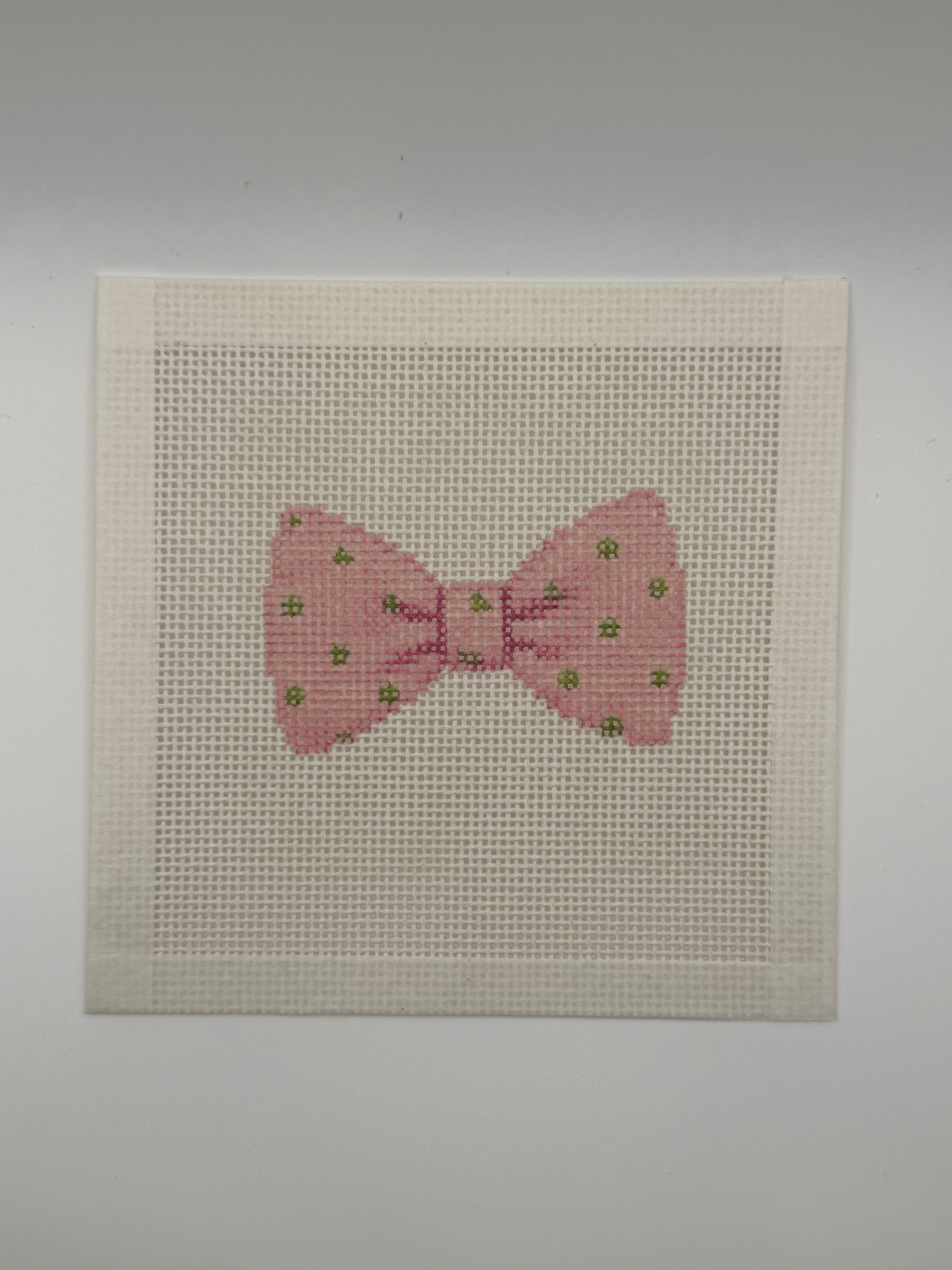 Pink Bowtie with Green Dots - 13 mesh - 6 x 6 - Needlepoint Canvas