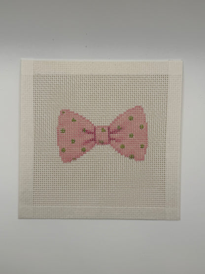 Pink Bowtie with Green Dots - 13 mesh - 6 x 6 - Needlepoint Canvas