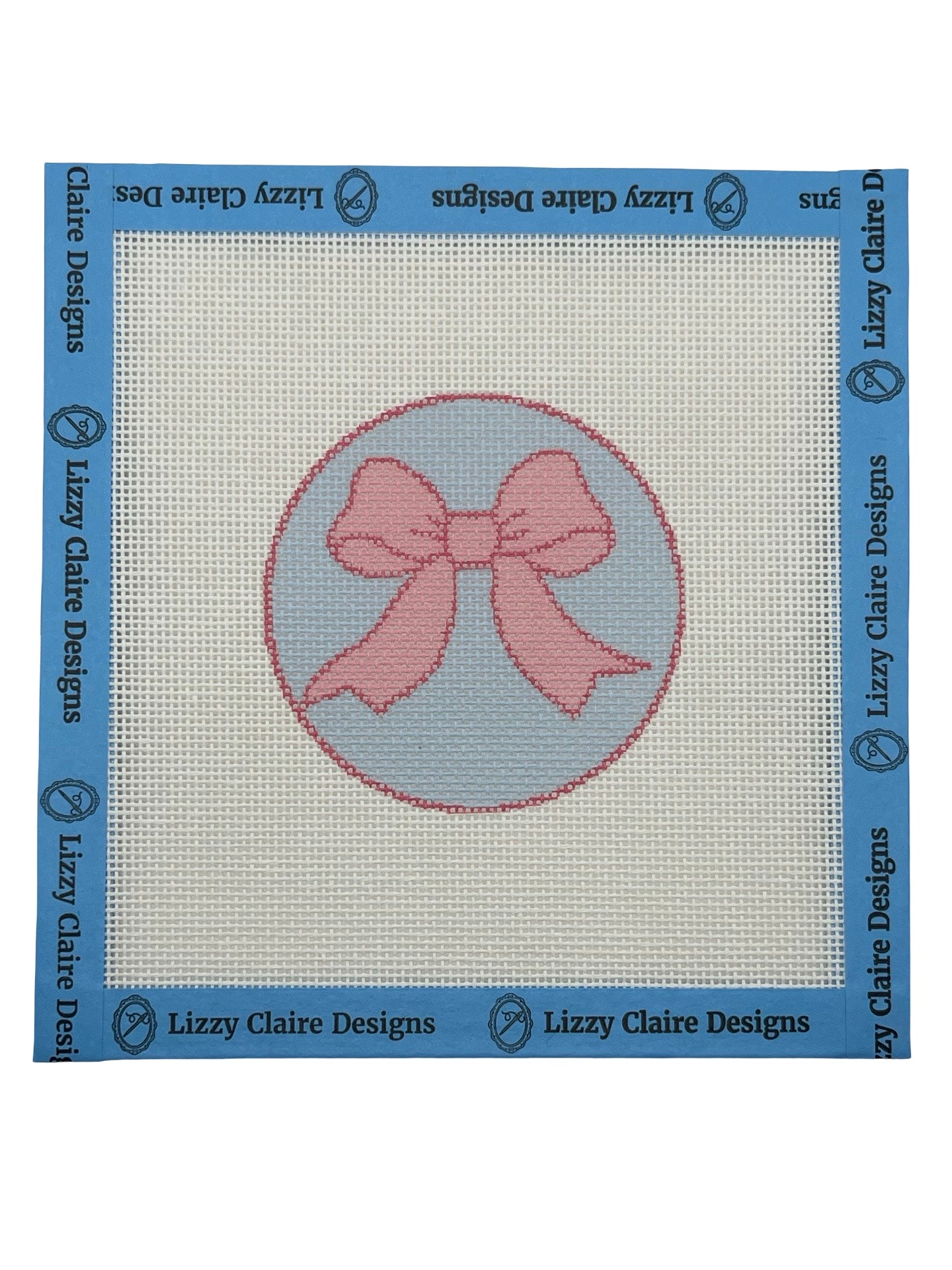 Pink Bow on Light Blue Background - 18 mesh - 6 x 6 - Needlepoint Canvas