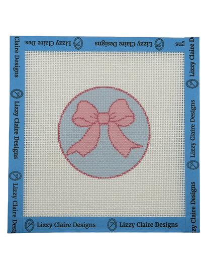 Pink Bow on Light Blue Background - 18 mesh - 6 x 6 - Needlepoint Canvas