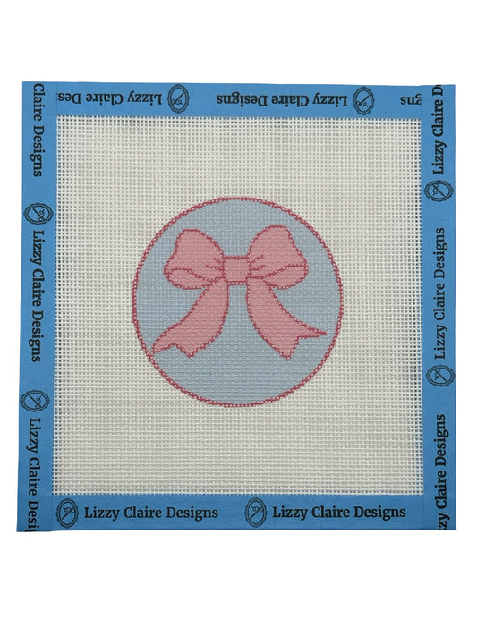 Pink Bow on Light Blue Background - 18 mesh - 6 x 6 - Needlepoint Canvas