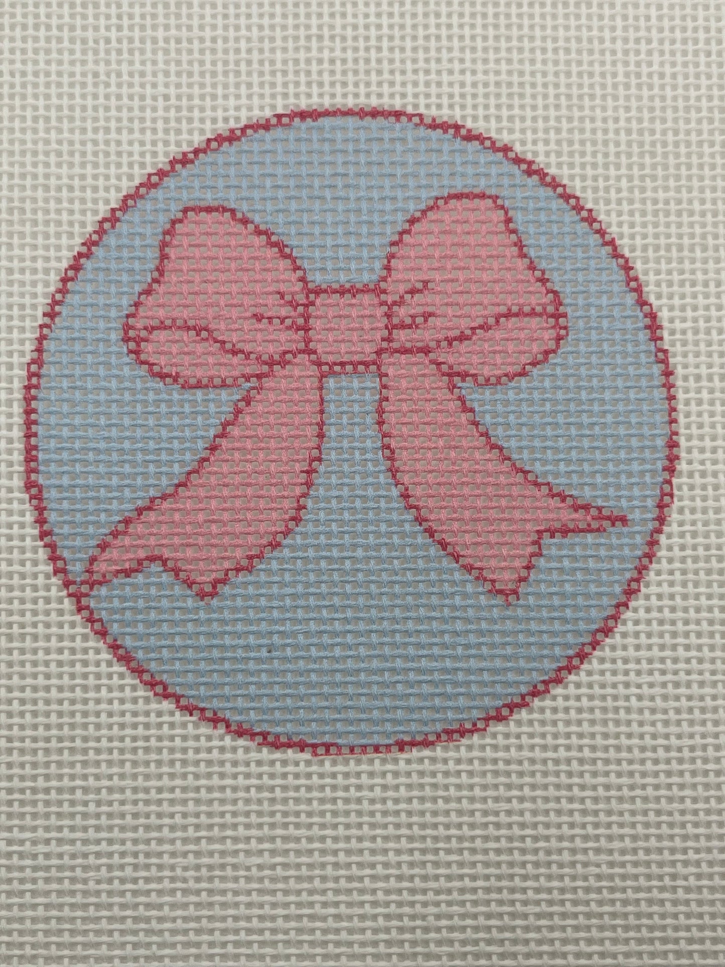 Pink Bow on Light Blue Background - 18 mesh - 6 x 6 - Needlepoint Canvas