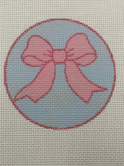 Pink Bow on Light Blue Background - 18 mesh - 6 x 6 - Needlepoint Canvas