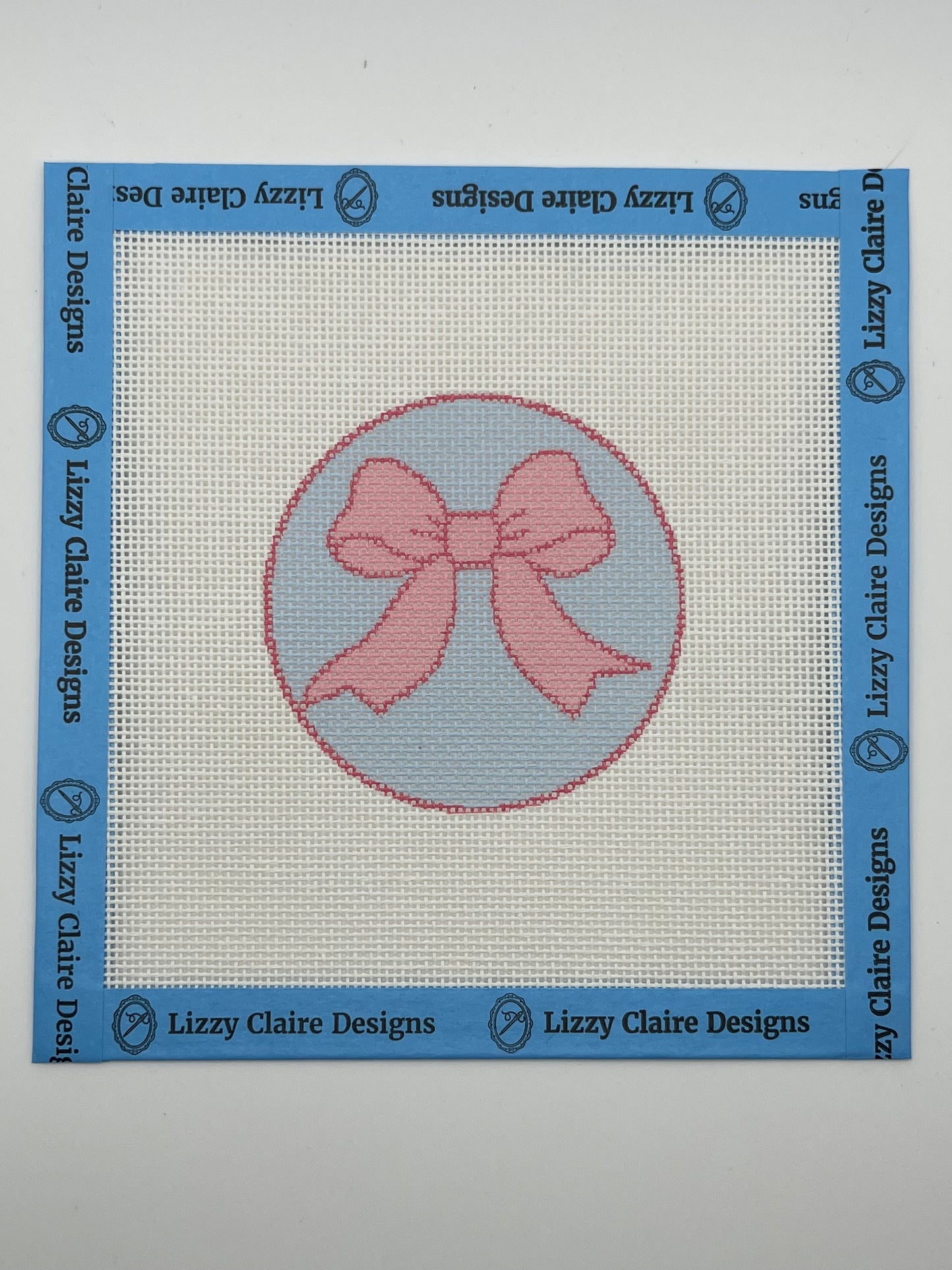 Pink Bow on Light Blue Background - 18 mesh - 6 x 6 - Needlepoint Canvas