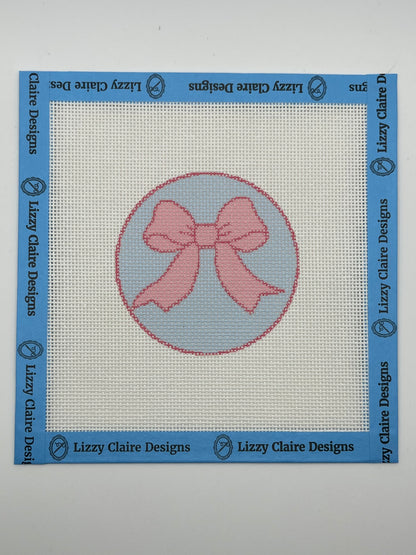 Pink Bow on Light Blue Background - 18 mesh - 6 x 6 - Needlepoint Canvas