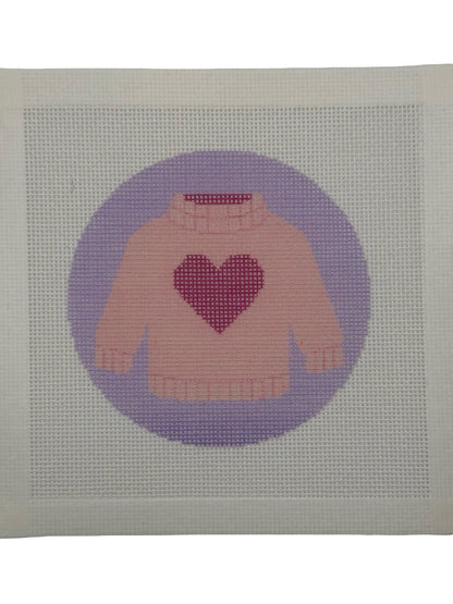 Pink Heart Sweater - 18 mesh - 4 inch Round - 6 x 6 - Needlepoint Canvas