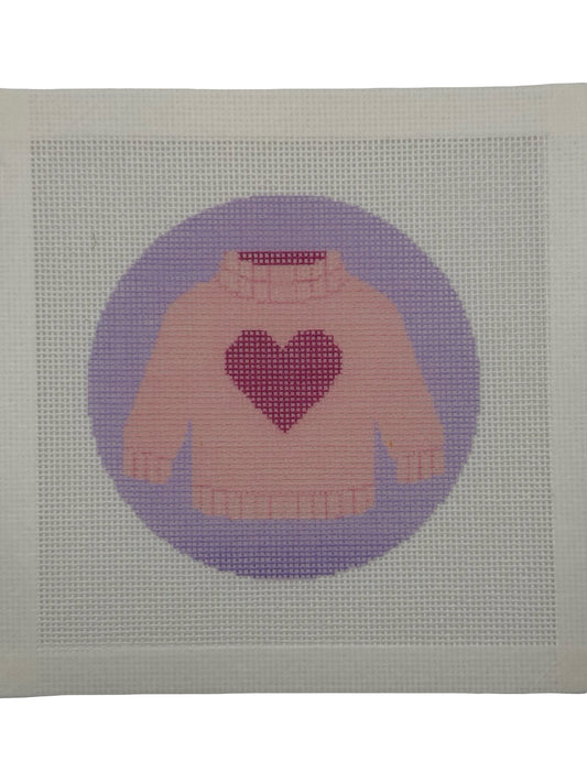 Pink Heart Sweater - 18 mesh - 4 inch Round - 6 x 6 - Needlepoint Canvas