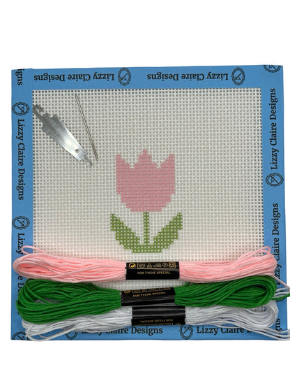 Pink Tulip- Beginner Kit - 13 mesh - 6 x 6 - Needlepoint Canvas