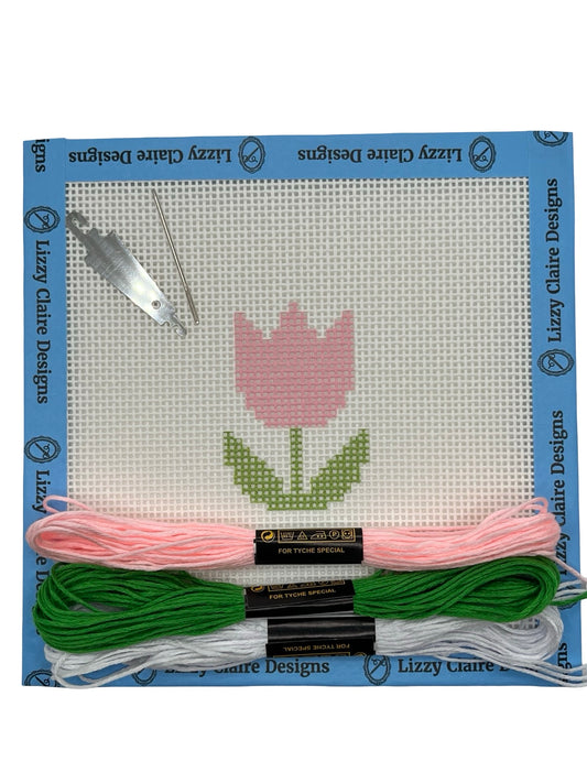 Pink Tulip- Beginner Kit - 13 mesh - 6 x 6 - Needlepoint Canvas
