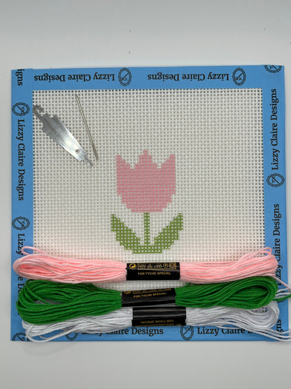 Pink Tulip- Beginner Kit - 13 mesh - 6 x 6 - Needlepoint Canvas