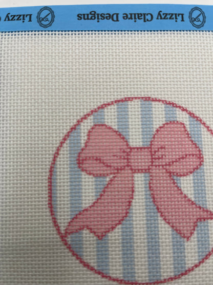 Pink Bow on Light Blue Striped Background - 18 mesh - 6 x 6 - Needlepoint Canvas