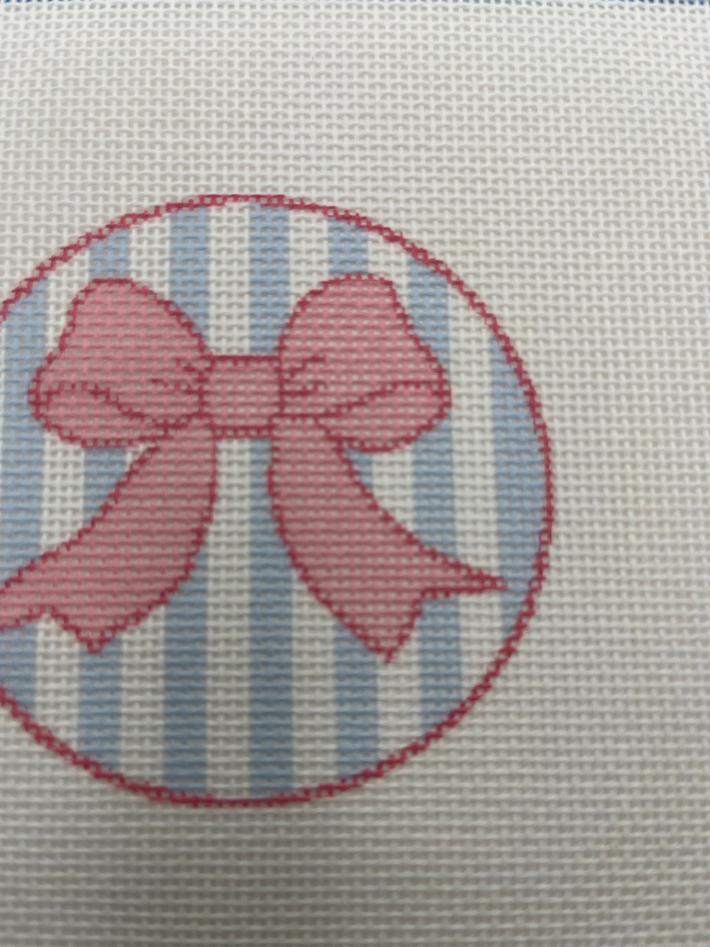 Pink Bow on Light Blue Striped Background - 18 mesh - 6 x 6 - Needlepoint Canvas
