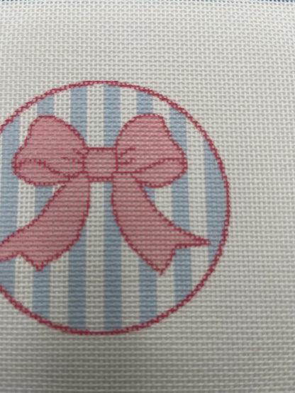 Pink Bow on Light Blue Striped Background - 18 mesh - 6 x 6 - Needlepoint Canvas