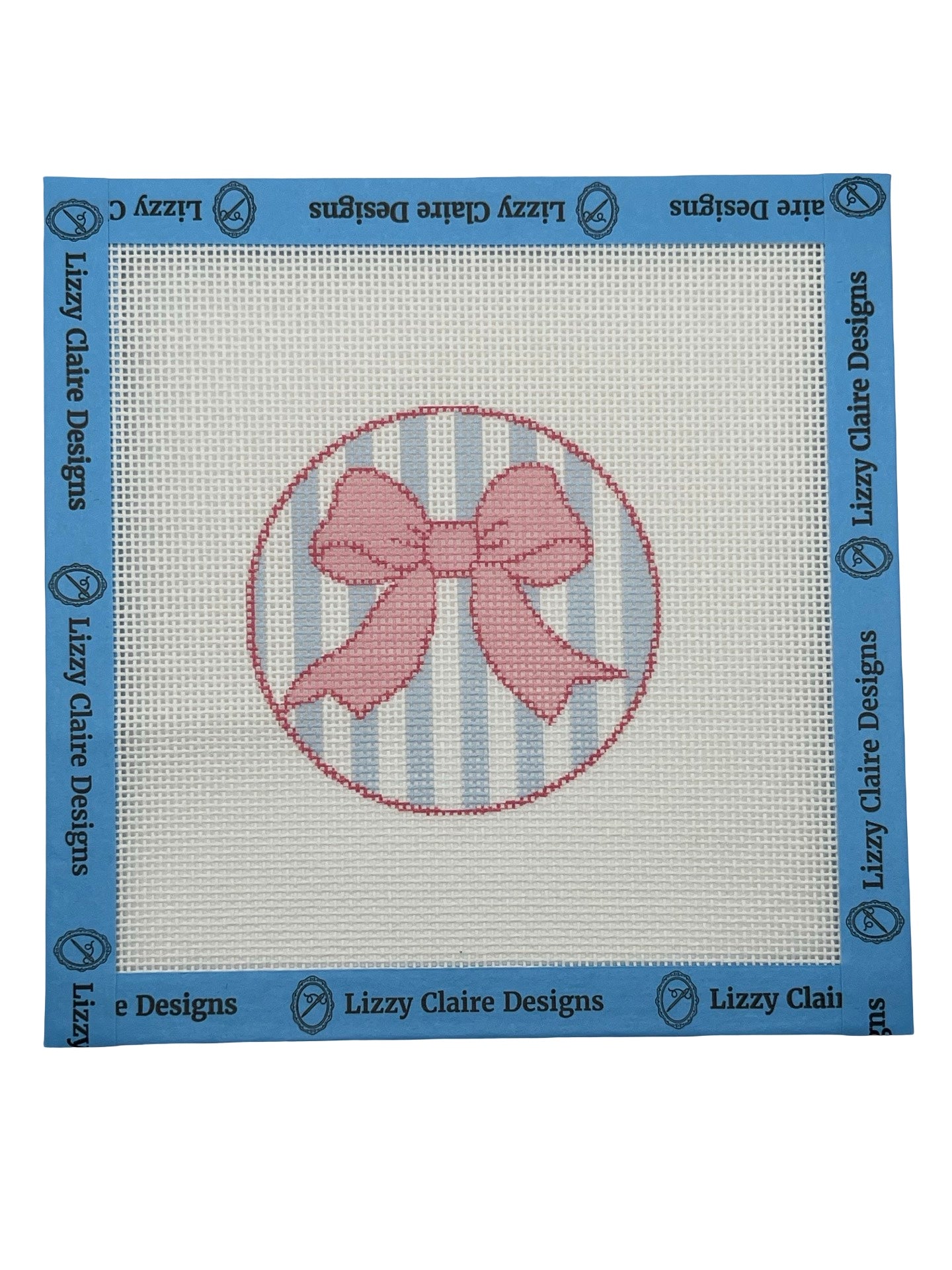 Pink Bow on Light Blue Striped Background - 18 mesh - 6 x 6 - Needlepoint Canvas