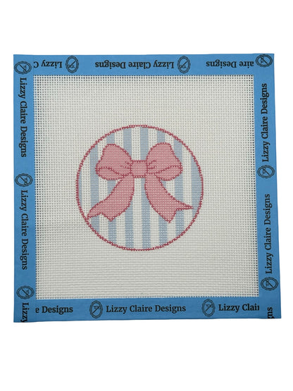 Pink Bow on Light Blue Striped Background - 18 mesh - 6 x 6 - Needlepoint Canvas