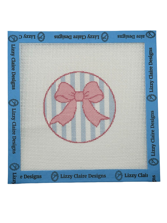 Pink Bow on Light Blue Striped Background - 18 mesh - 6 x 6 - Needlepoint Canvas