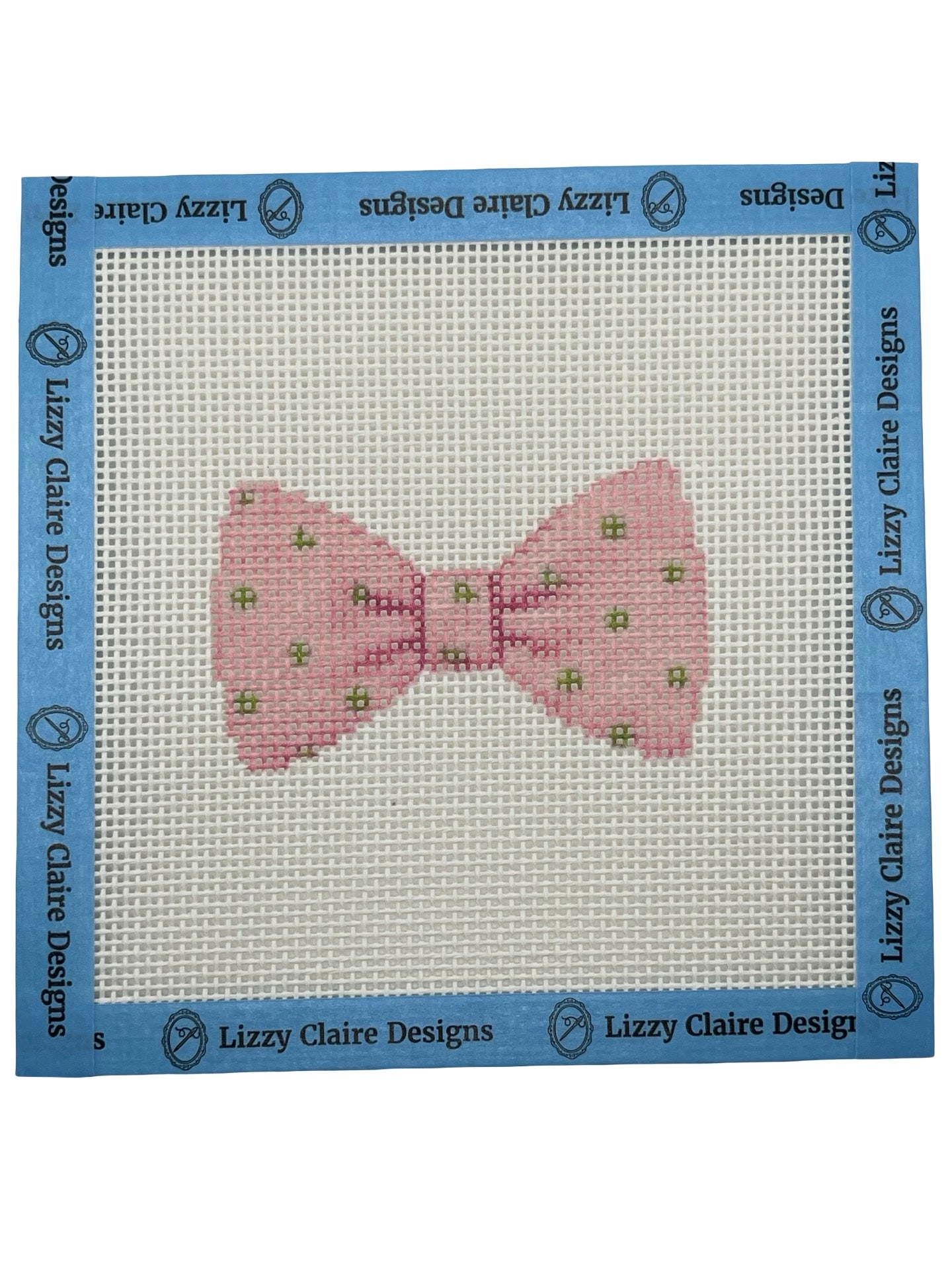 Pink Bowtie with Green Dots - 13 mesh - 6 x 6 - Needlepoint Canvas