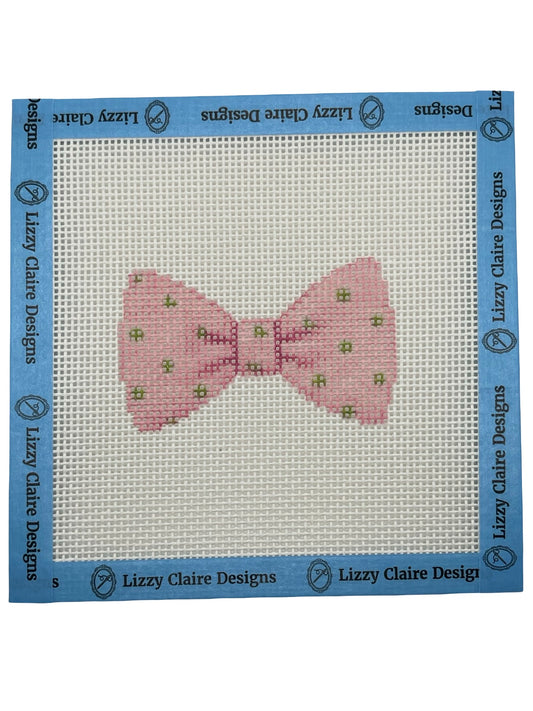Pink Bowtie with Green Dots - 13 mesh - 6 x 6 - Needlepoint Canvas