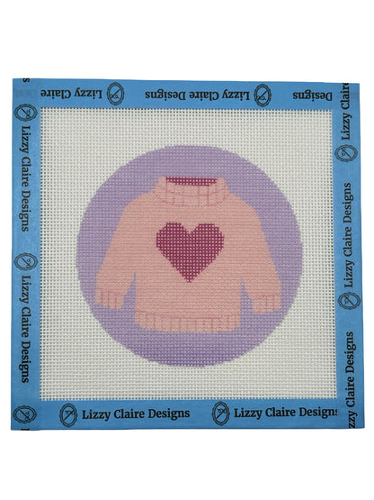 Pink Heart Sweater - 18 mesh - 4 inch Round - 6 x 6 - Needlepoint Canvas