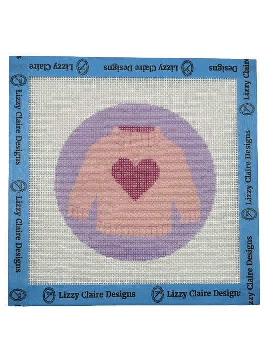 Pink Heart Sweater - 18 mesh - 4 inch Round - 6 x 6 - Needlepoint Canvas