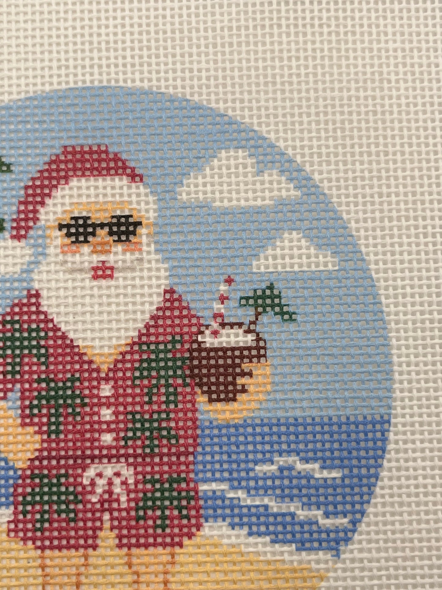 Santa at the Beach- 4 inch Round - 18 mesh - 6 x 6 - Needlepoint Canvas