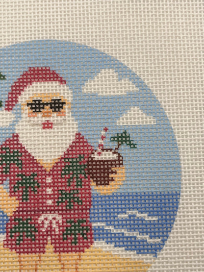 Santa at the Beach- 4 inch Round - 18 mesh - 6 x 6 - Needlepoint Canvas